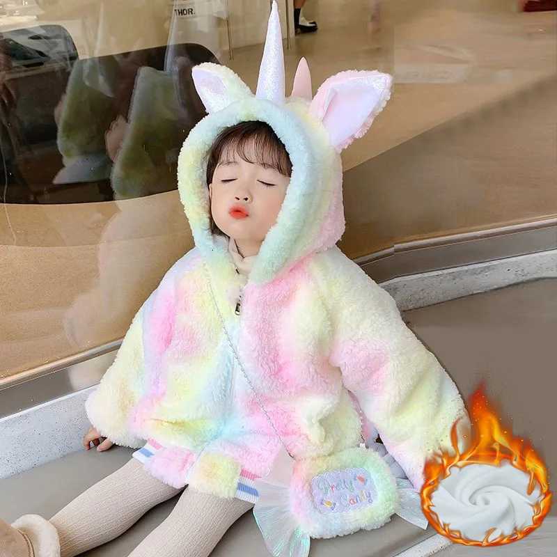Clothing Sets Girl's Winter Plush Jacket 2024 New Children's Unicorn Thickened Coats Kids Hooded Plus Velvet Outerwear Baby Faux Fur Cloth