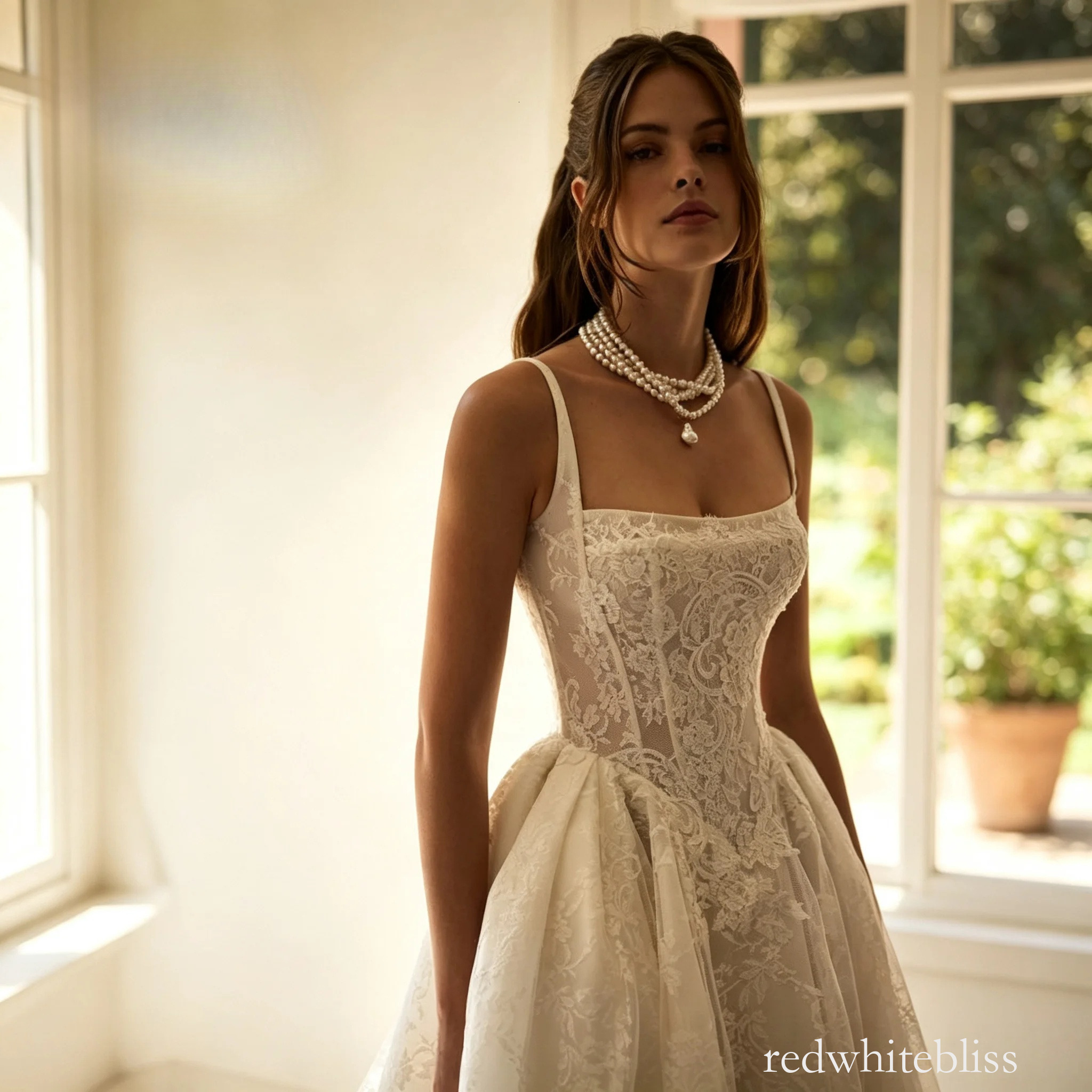 White Ivory Lace Satin Wedding Dresses A Line Spaghetti Strap Appliques Floor-Length Formal Bride Wedding Gowns Custom Made