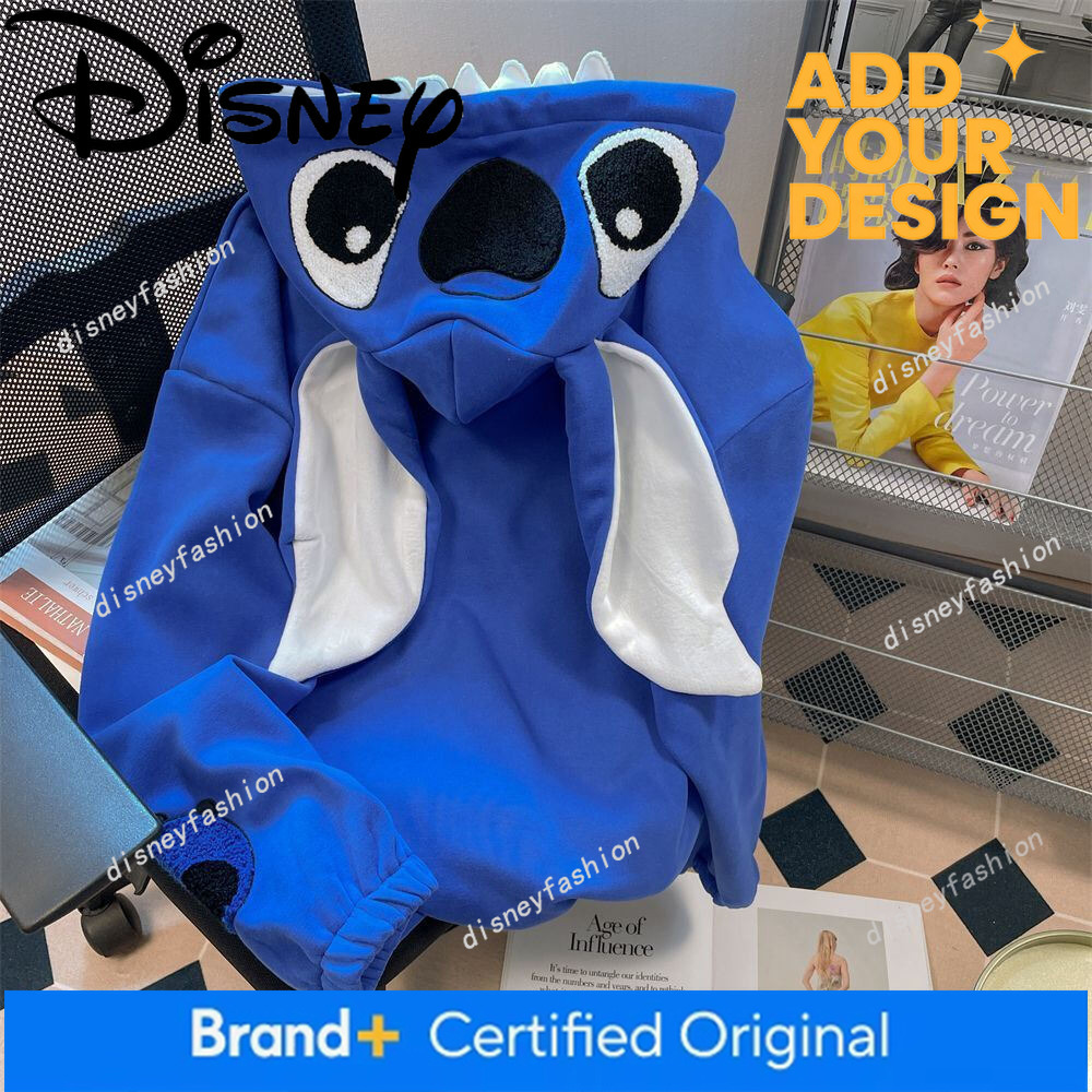 Plus-Size Klein Blue Cute Stitch Big-Ear Hoodie for Men and Women, Unique Fleece-Lined Couple's Hooded Zip-Up Jacket e9