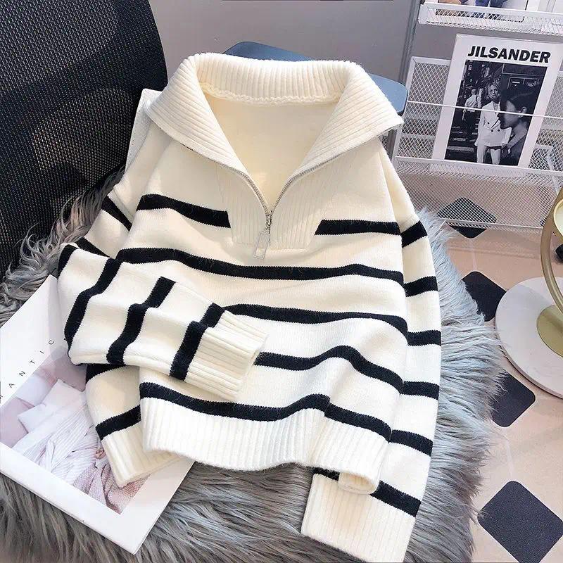 Women Autumn Winter Sweater Underwear 2026 Zipper Stripe Underlay Short Style Pullover Premium Female