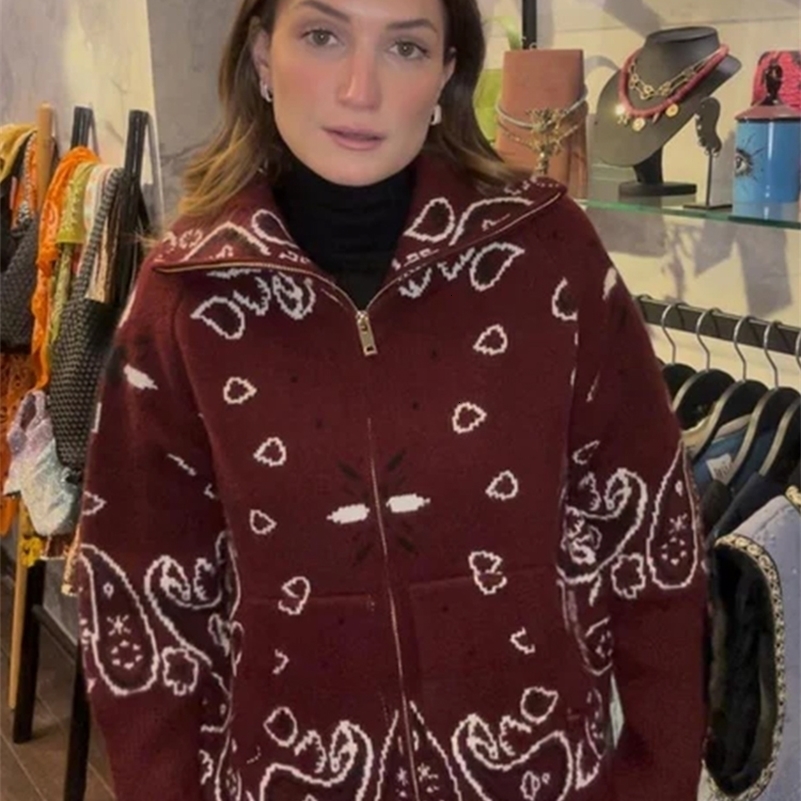 2026 Spring Loose Knit Jacquard Stand Collar Women Cardigan Zipper Full Sleeve Pockets Loose Sweater Fashion Lady Soft Knitwear 261016