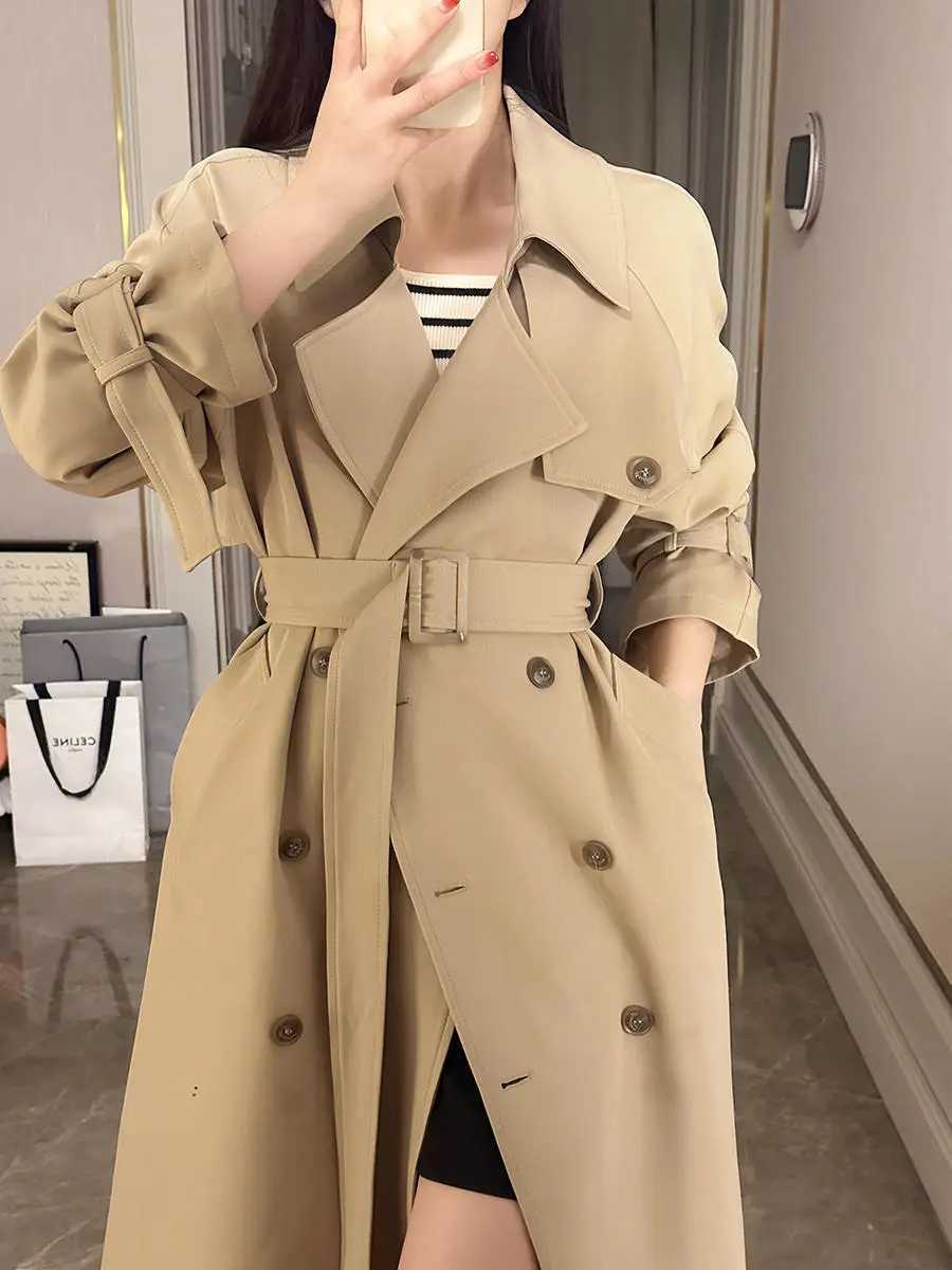 Khaki Windbreaker Jacket Long Double Breasted Advanced Elegance British Style Coat 2024 New Autumn/Winter Korean Women's Coat M260922