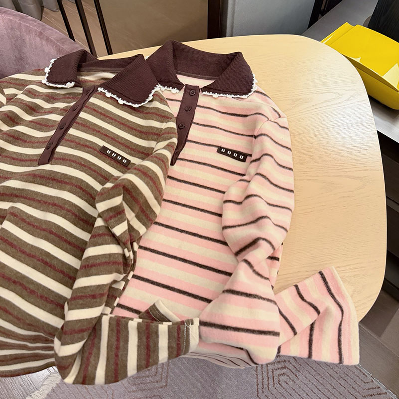 Luxury Women Casual Striped Pullovers Lace Trim Classic Long Sleeve Polo Tees Autumn Trip Preppy Style Daily Wear Long Sleeve Tops