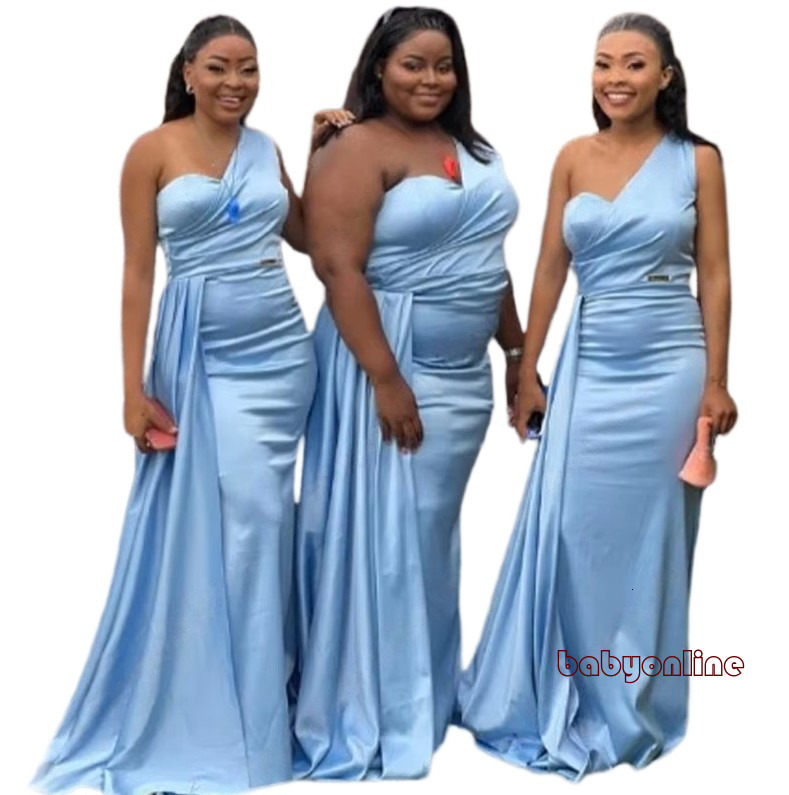 Elegant Blue Mermaid One Shoulder Bridesmaid Dresses African Girls Pleats Satin Long Maid of Honor Gowns Wedding Guest Party Dress Robes Invitee Mar
