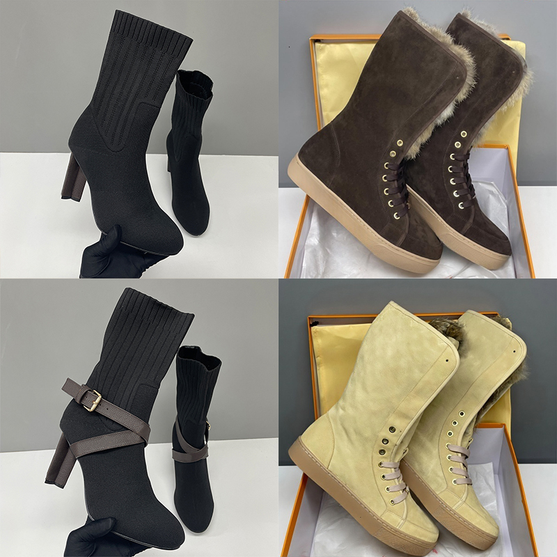 Hign Quality Women Over The Knee Boots Designer Winter Plush Lined Strap Knit High Quality Warm High Boots Slim Fit Non-slip Thick Sole Luxury Shoes