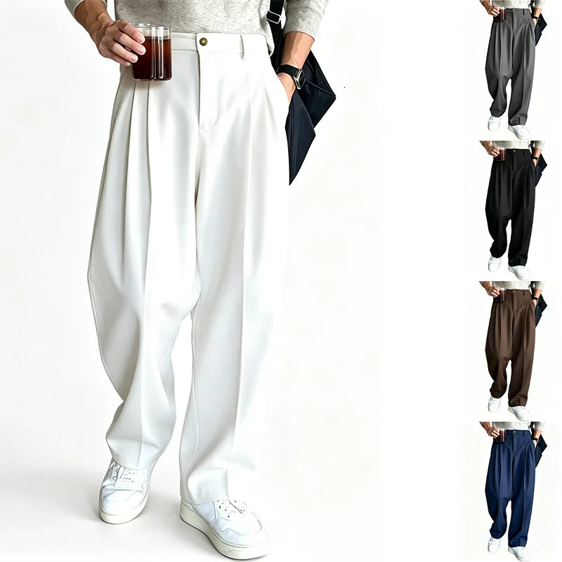 Men Spring Summer Wrinkle Free Wide Leg Suit Pants Solid Draped Straight Long Trousers Loose Business Casual Multi Colors 260918