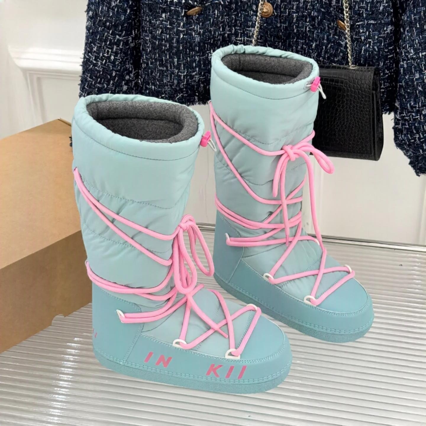 Women Snow Boots Winter Leather Luxury Designer Waterproof Warm Lace Up Round Toe Casual Fashion Outdoor Platform Flat Red Pink Beige Black White So