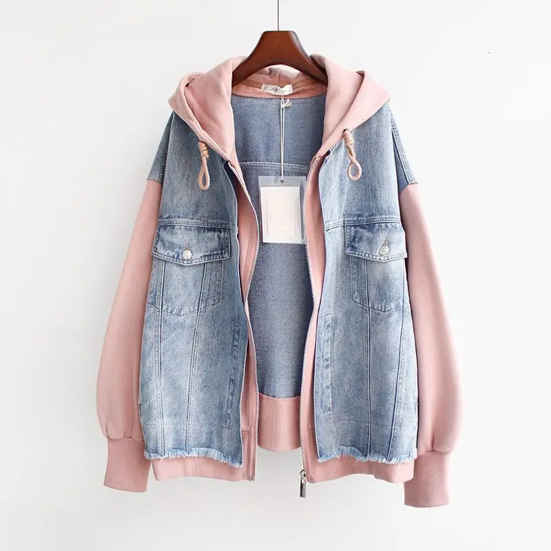 Spring Autumn Two Piece Denim Jacket Women Loose Splicing Cardigan Hooded Baseball Coat Female Casual Ladies Tops 260923