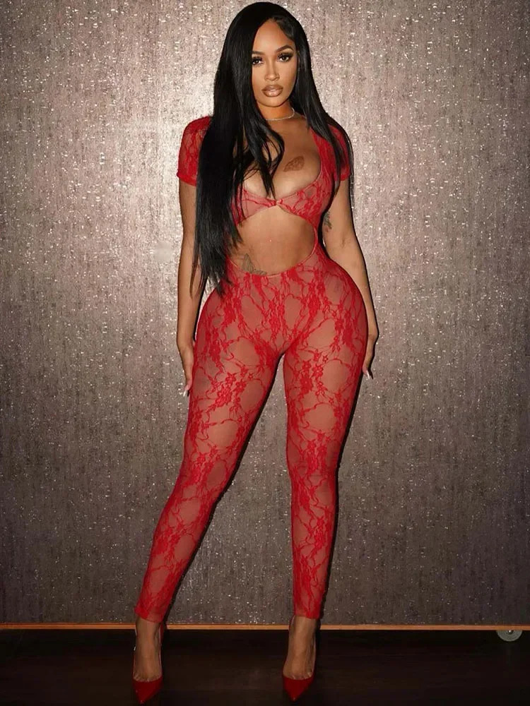 Sexy See Through Floral Lace Jumpsuit Women Short Sleeve Cut Out Bodycon Rompers Backless Night Club Outfits One Pieces Overalls 260922