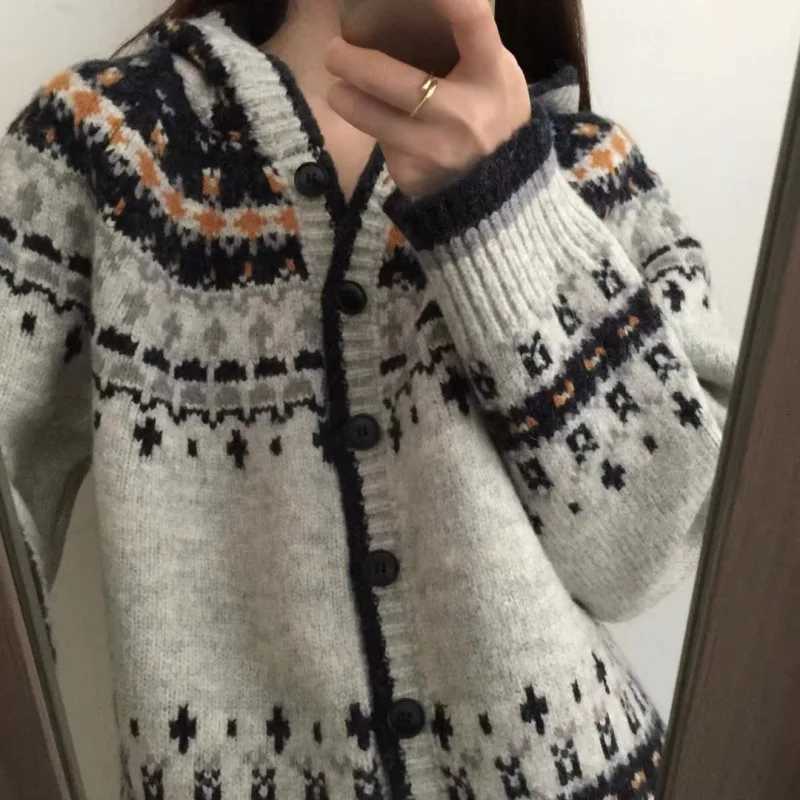 Women's Sweaters Women Sweater 2025 Autumn Winter New Women's retro Fair Isle Hooded Cardigan Loose Style Versatile Thick Knit Outerwear D