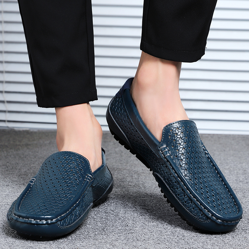 Men Casual Luxury Brand Summer Genuine Leather Mens Loafers Moccasins Hollow Out Breathable Slip on Driving Shoes B8850