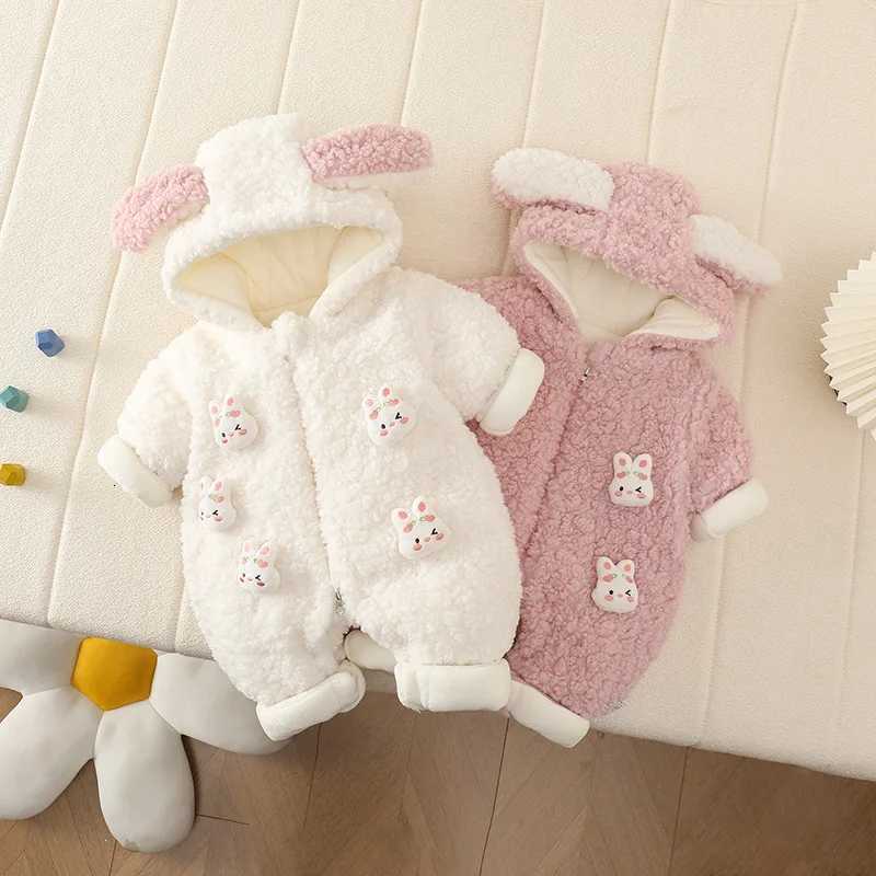 Rompers Newborn Baby Winter Fleece Jumpsuit Bunny Ear Hooded Thick Lined Romper Infant Girls Zipper Lamb Wool Snowsuit X260922