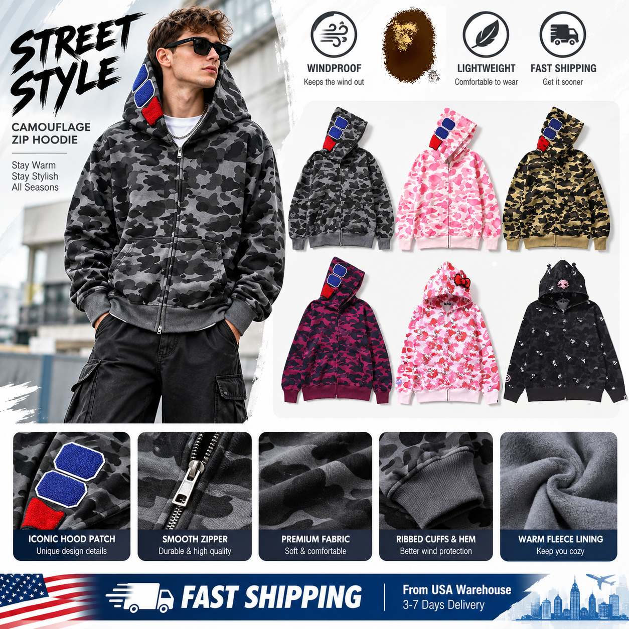 Shark Hoodies Mens Hoodies Designer Hoodies Baphoodie Jacket Full Zip Up Shark Hoodies Men Women Hoodie High Quality Hip Hop Y2k Camouflage Hoodies0