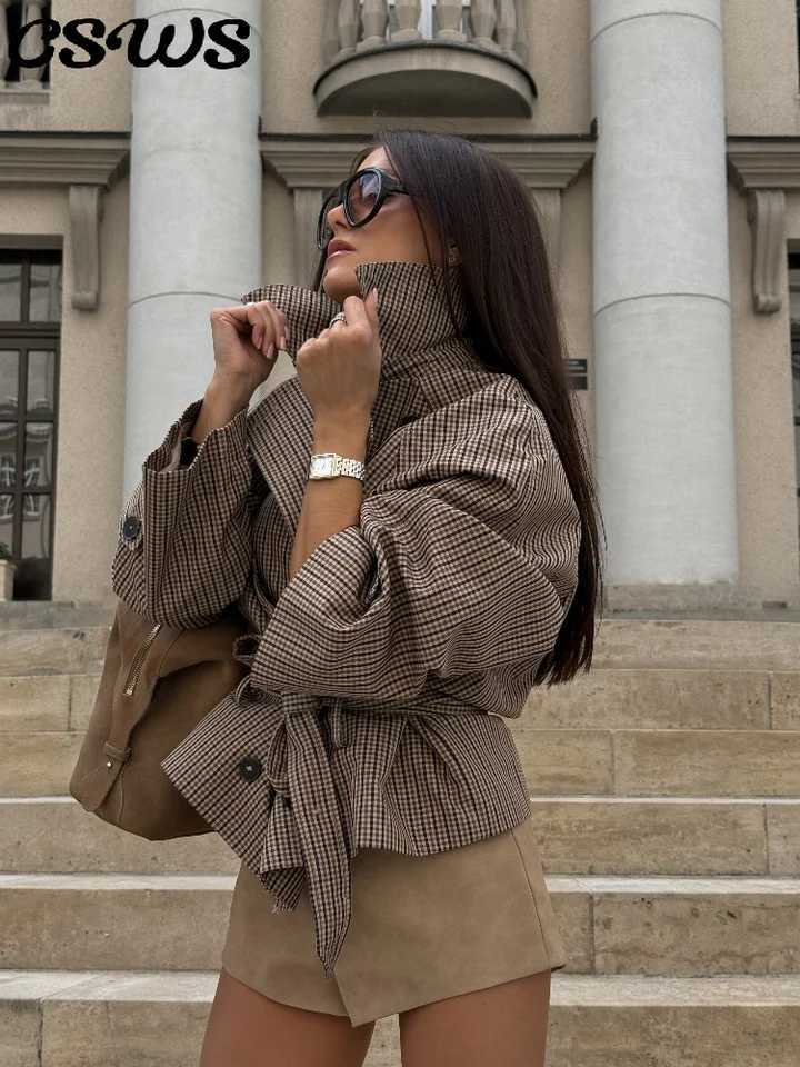 Chic Grid Belt Women's Coat Double Breasted Lapel Lace-Up Long Slve Lady Coats 2026 Autumn Fashion Female Vintage Jacket Lady S260923V0K8