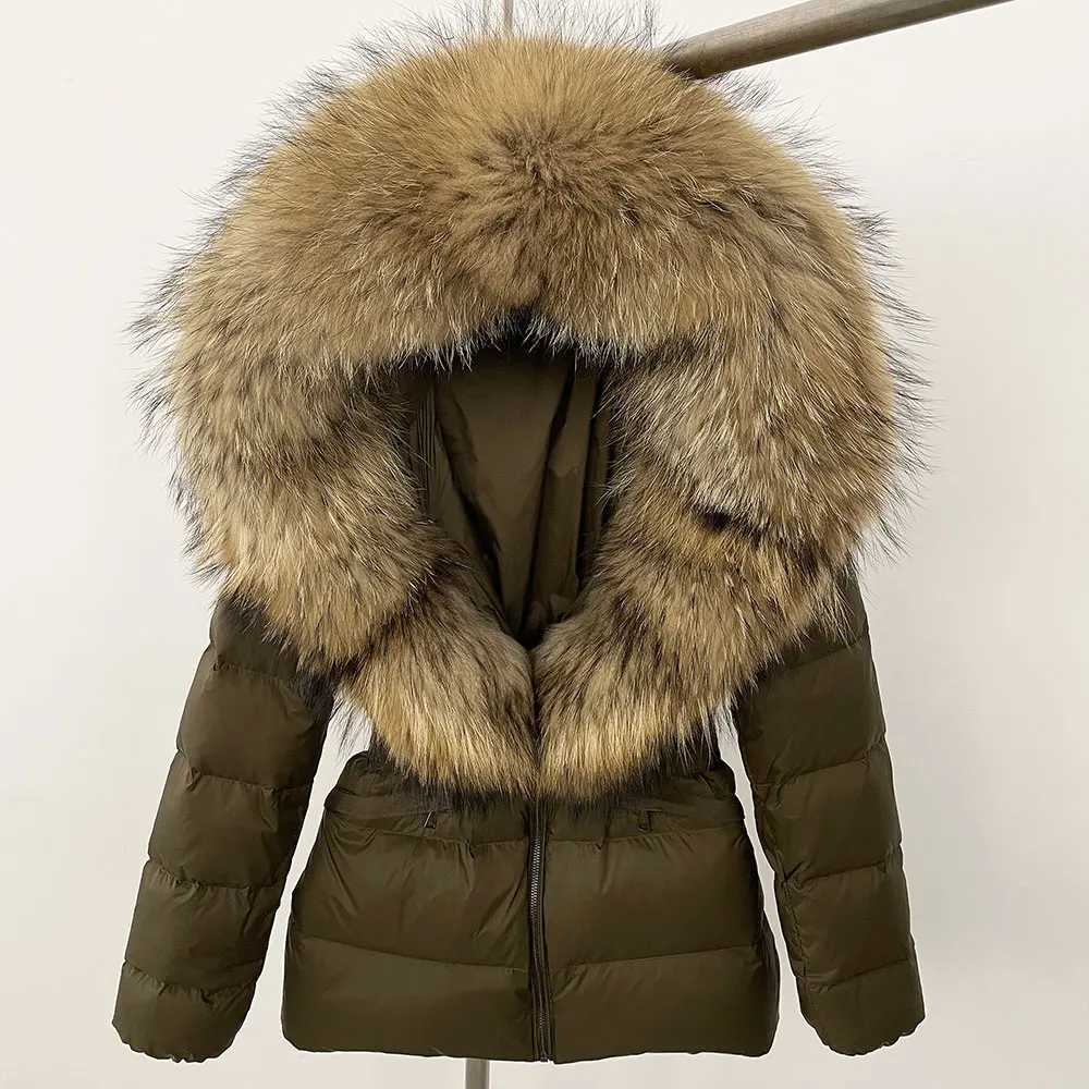 2024 Winter Women Hooded White Duck Down Coat Natural Raccoon Fur Collar Jacket Belt Thick Warm Casual Outerwear M260922