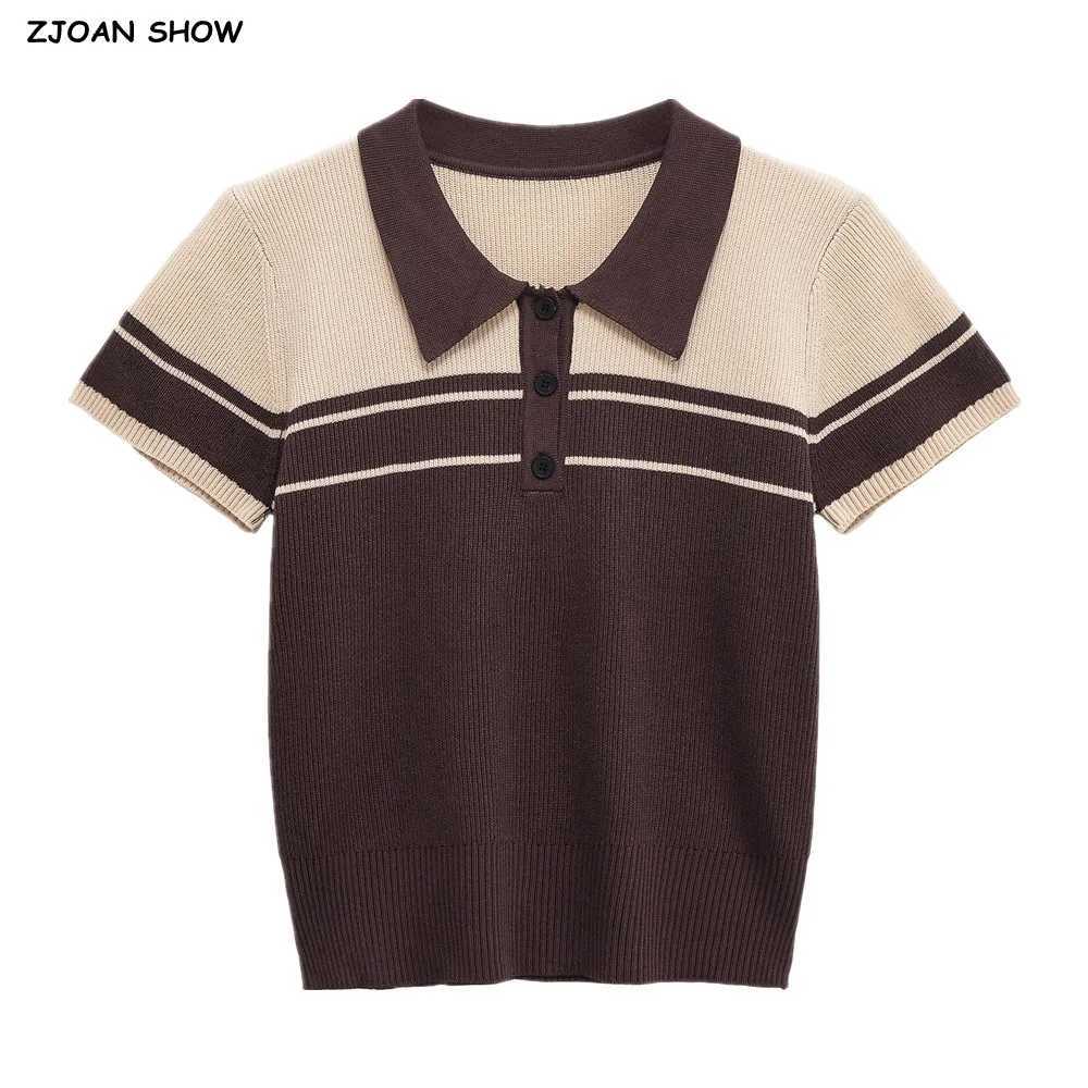 Women's Sweaters 2025 Women Brown Beige Buttons Collar Rib Knitted Short sleeve Sweater Pullovers Knitwear All Match Knitting Tops Jumper D2609