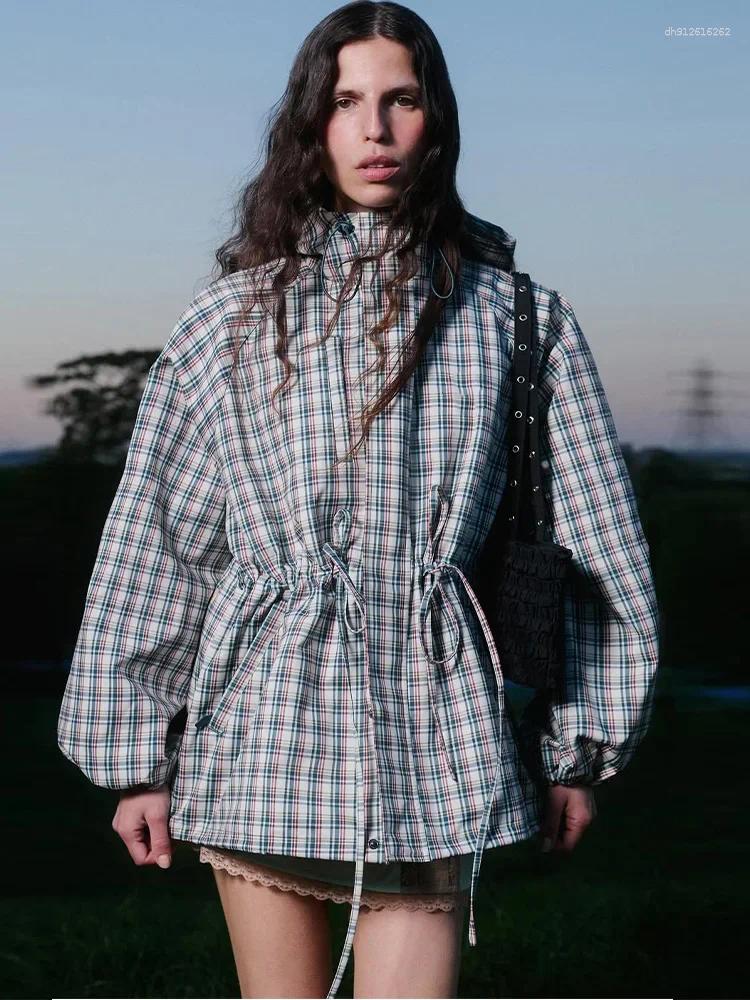 Retro Women's Plaid Hooded Windbreaker Drawstring Waist Long Sleeve Loose Jacket Casual Coat 2026 Autumn Lady Street Jackets