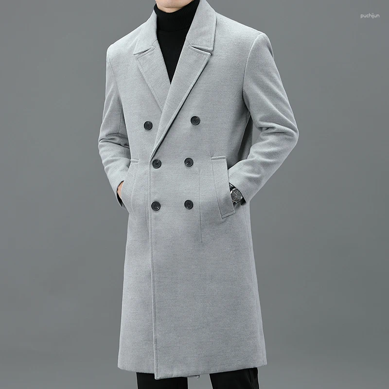 High-Quality Fashionable Thickened Cotton Autumn Winter Men's Long Coat Korean Style Solid Color Plus Size Woolen Jacket