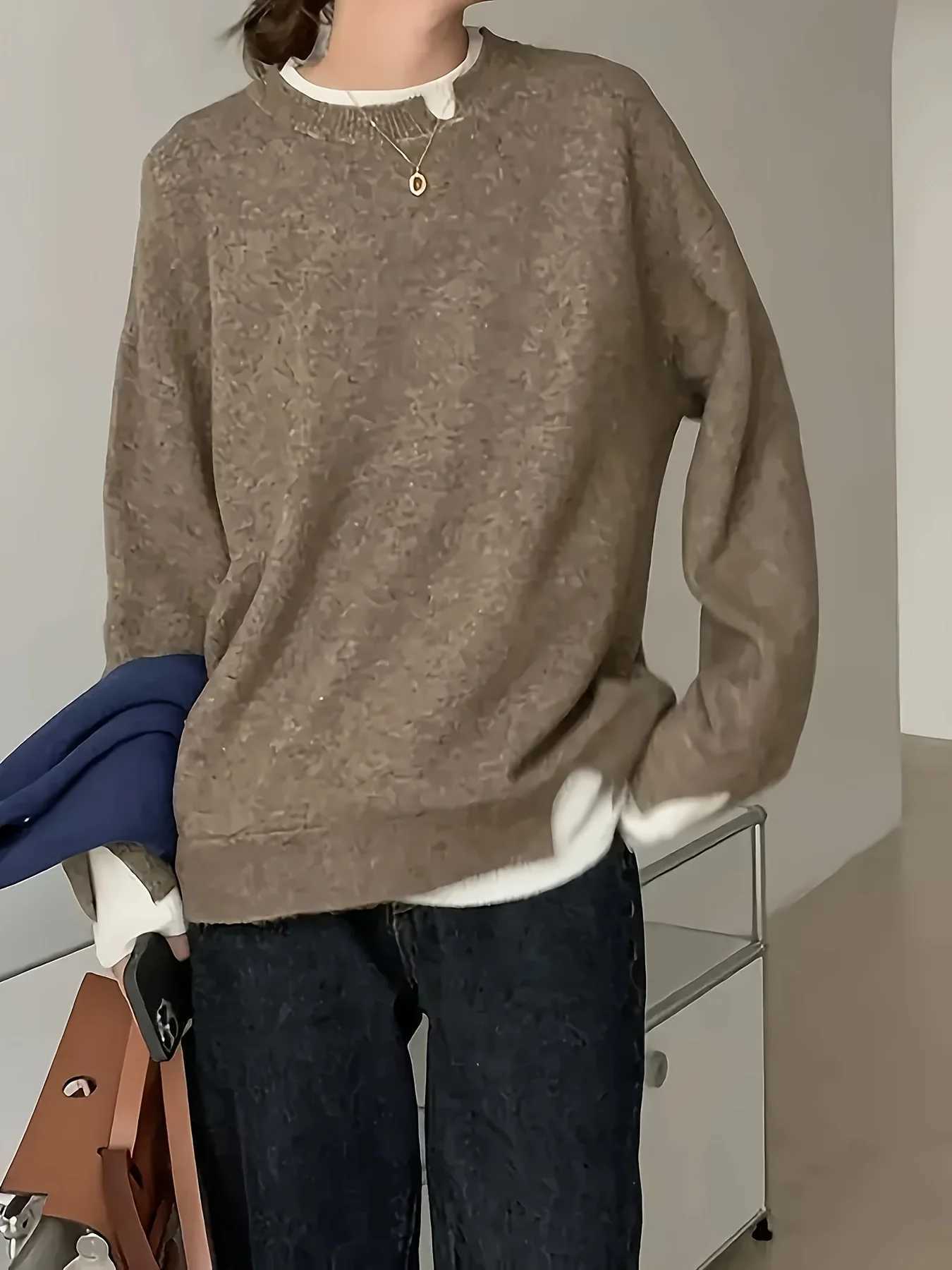 Women's Sweaters Women's Brown and White Color-Blocked Oversized Knit Pullover Fashionable Slimming Casual Faux Two-Piece Pullover D260923