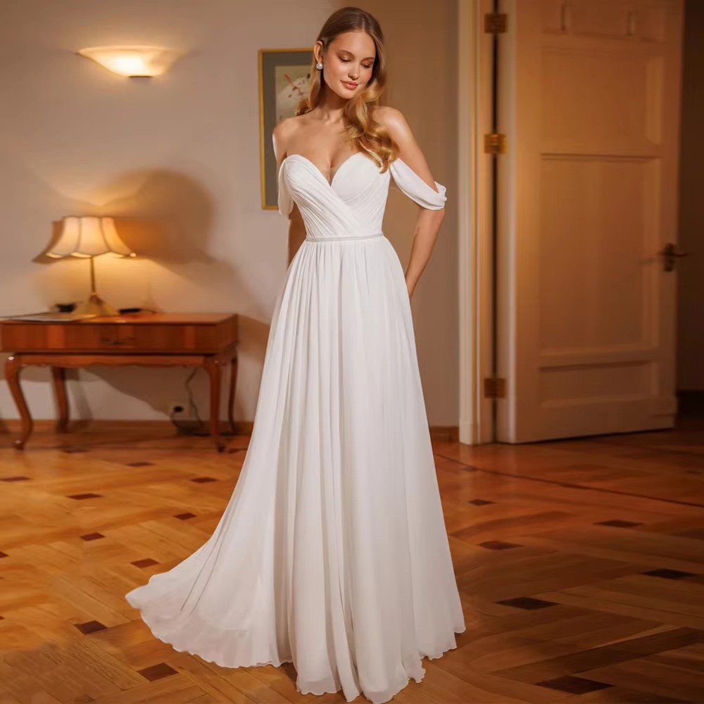 Sexy Simple Wedding Dress Off The Shoulder Sweetheart Pleated Sweep Train Chiffon Bride Party Gown Beach Boho Vestido De Noiva