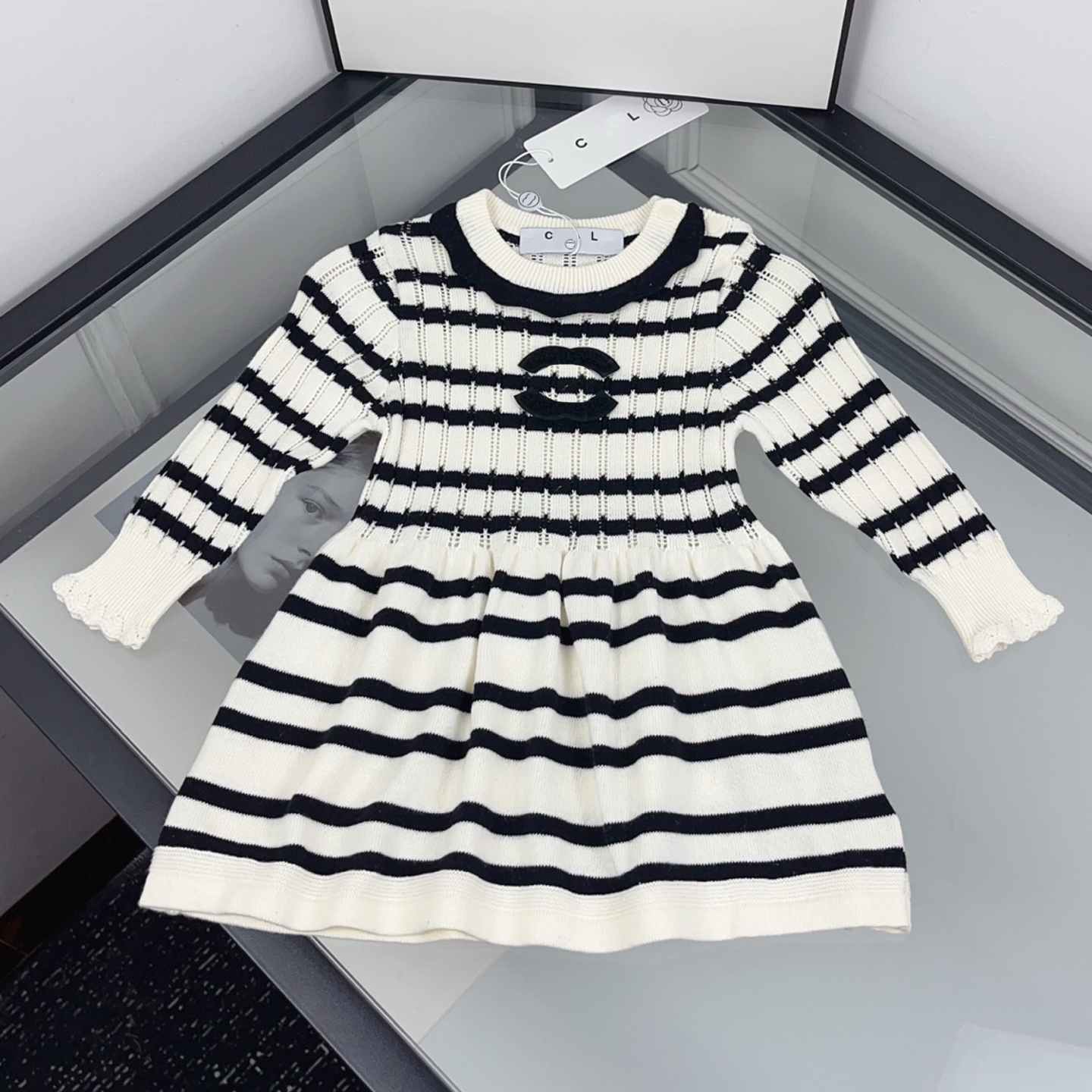 Designer Toddler Girl Striped Knit Dress Baby Long Sleeve Black White Stripe Infant Princess Dress Kids Fall Winter Outfit Children Clothing Size 73