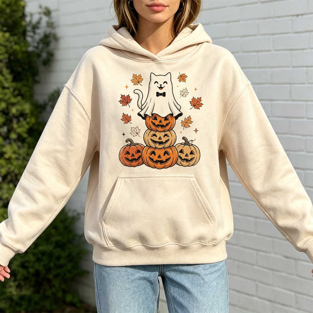 Hoodies Sweatshirts Cute Ghost Women's Cat Hoodie Halloween Pumpkin Stack Jack O Lantern Fall Maple Leaves Men Women Long sleeve Sweatshirt Aut