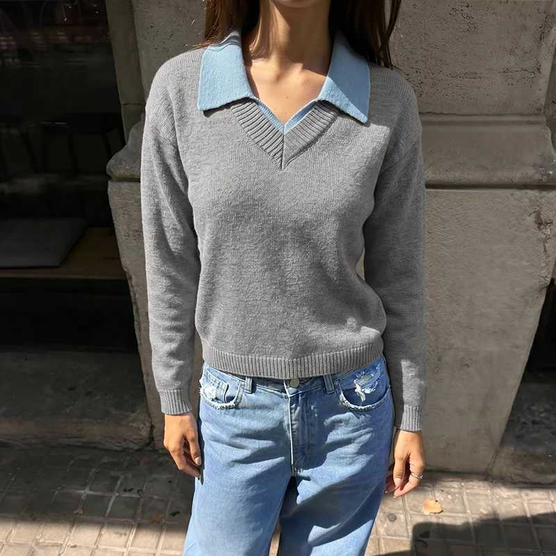 Women's Sweaters Lapel Color Block Fake Two Piece Knit Sweater Women 2026 Autumn Winter New Casual Long Sleeve Short Pullover Knitwear H260923