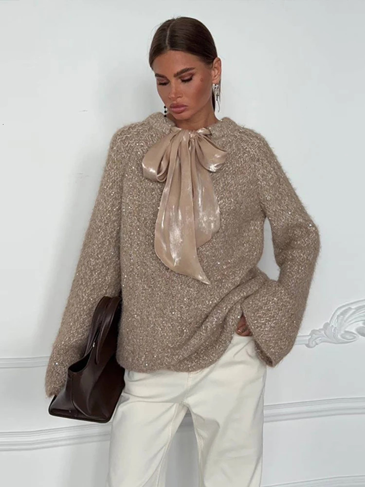 Shiny Thread Knit Pullover Women Loose O Neck Lace Up Bow Long Sleeves Sweater Female Autumn Winter Chic Solid Knitwear 260923