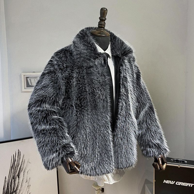 Men's Casual Business-Style, Lightweight Luxury Silver Fox Coat, Thickened For Warmth, With Stylish, Slim-Fit Design And A Faux Fur Collar