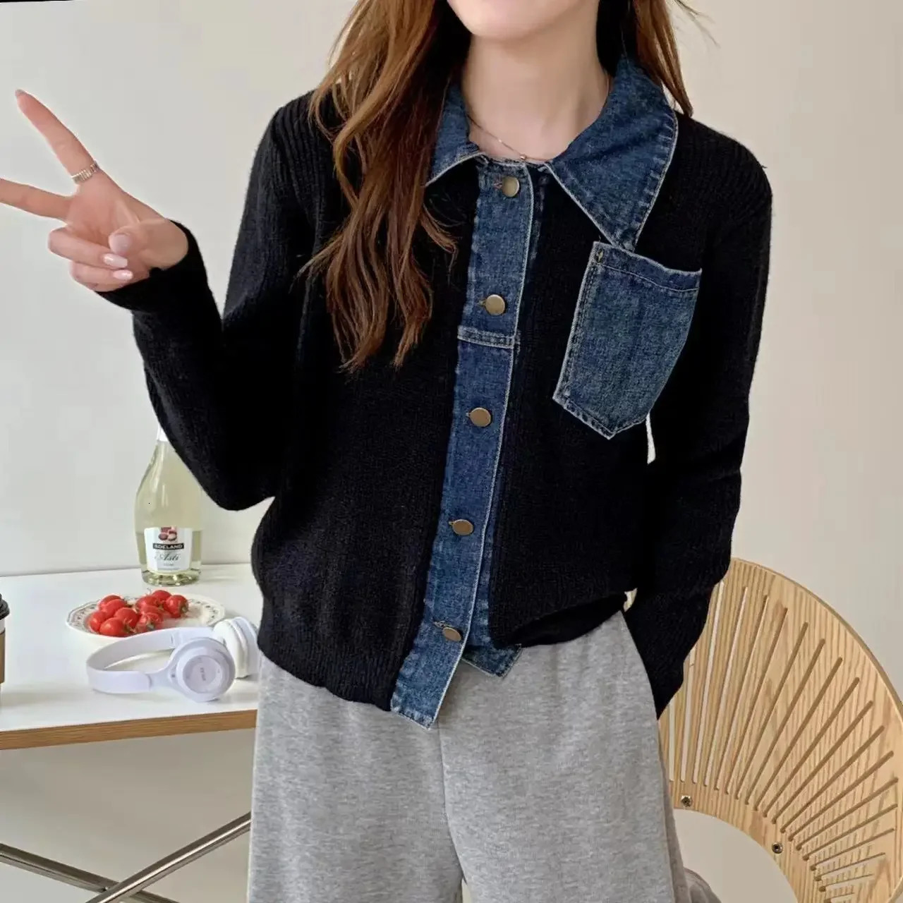 Small Spring Autumn Outerwears Female Jeans Coat Short Black Patchwork Crop Women's Denim Jackets Knitted Collection In 260923