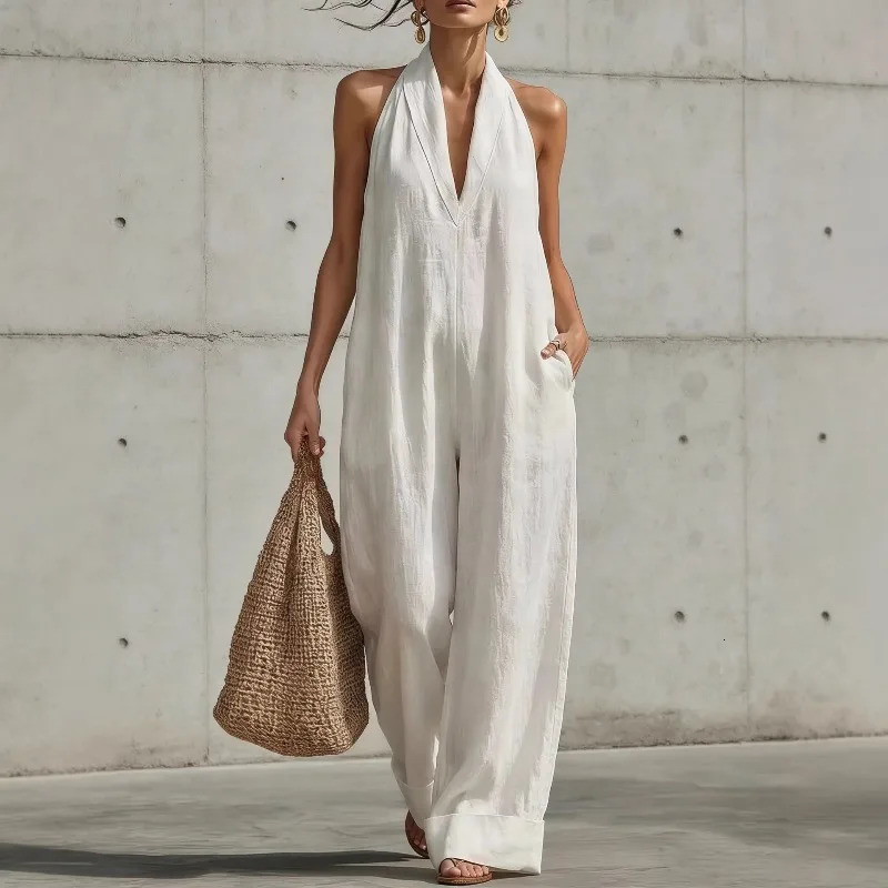 Women Summer Clothes Casual Wide Leg Jumpsuit Halter Sleeveless V Neck Loose Fit Solid Color Jumpsuit For Vacation Daily Wear 260922
