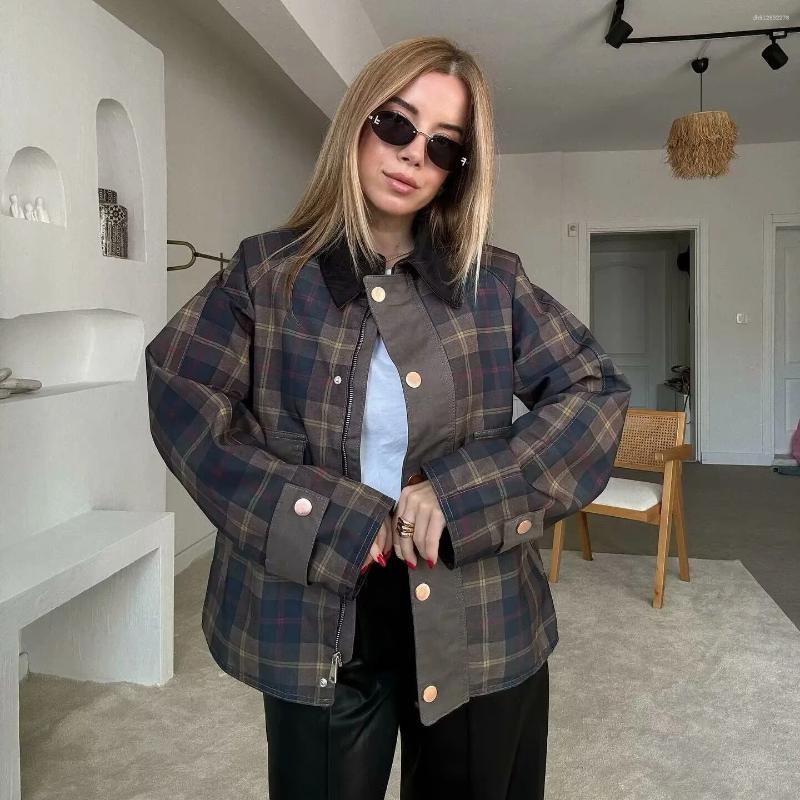 Women's Fashion Retro Coat Autumn Winter Commuter Casual Button Plaid Lapel Color-Block Loose Outwear Zipper Long Sleeve Jacket