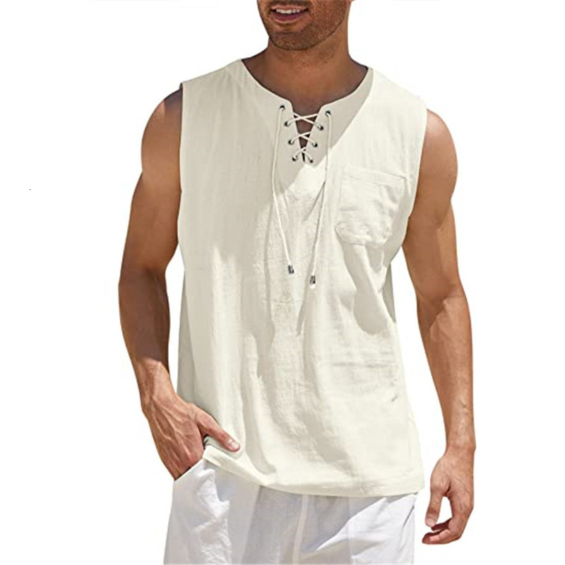 High quality 2026 Best-Selling New Product: Men's Vest Shirt with Tie, Fashionable Solid Color Cotton-Linen Short-Sleeve T-Shirt