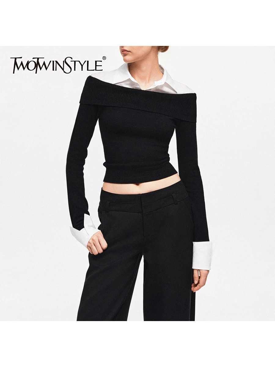 Women's Sweaters TWOTWINSTYLE Hit Color Slimming False Two Piece Sweaters for Women Lapel Long Sleeves Short Sweater Female Autumn Clothing New