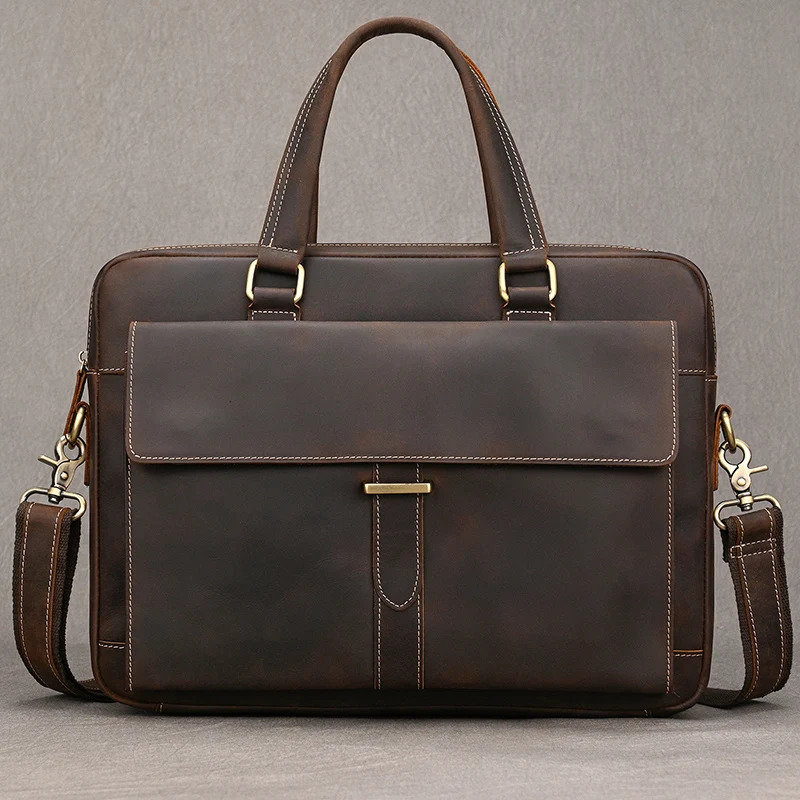 Genuine Leather Briefcase For Men Male Cowskin Laptop Business Handbag Vintage Style Crazy horse leather Shoulder Crossbody Bag 260920