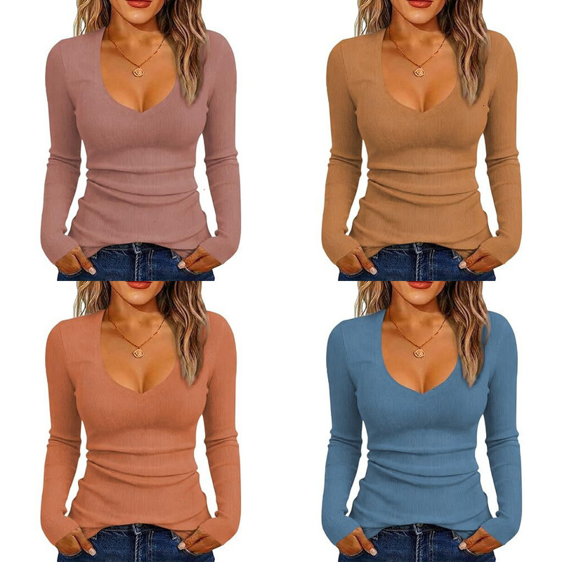 Designer iGENJUN Women's Long-Sleeve V-Neck Shirt Suitable for Business Casual Work, Knitted Slim-Fit Autumn tee 15