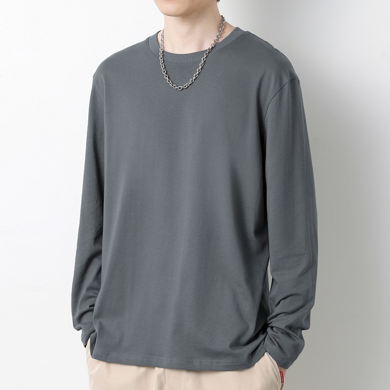Men's long-sleeved T-shirt, round neck, solid color, suitable as an inner layer for autumn and winter, loose-fitting cotton undershirt
