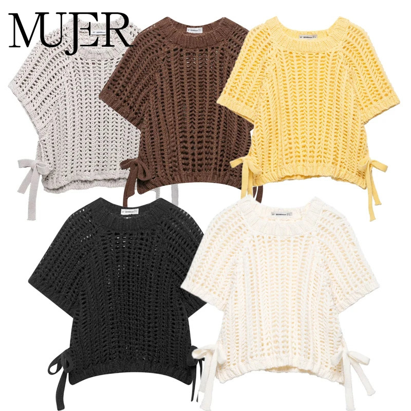 MUJER Knit Crop Tops Woman Short Sleeve Pullovers Knitted Short Sweaters for Women Tied Knitwears Fashion Ladies Sweater 260923