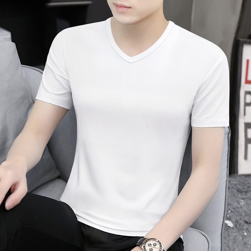 Wholesale short-sleeved T-shirts men, summer solid color V-neck, plus size, basic, popular, cooling fabric, elastic, for larger men