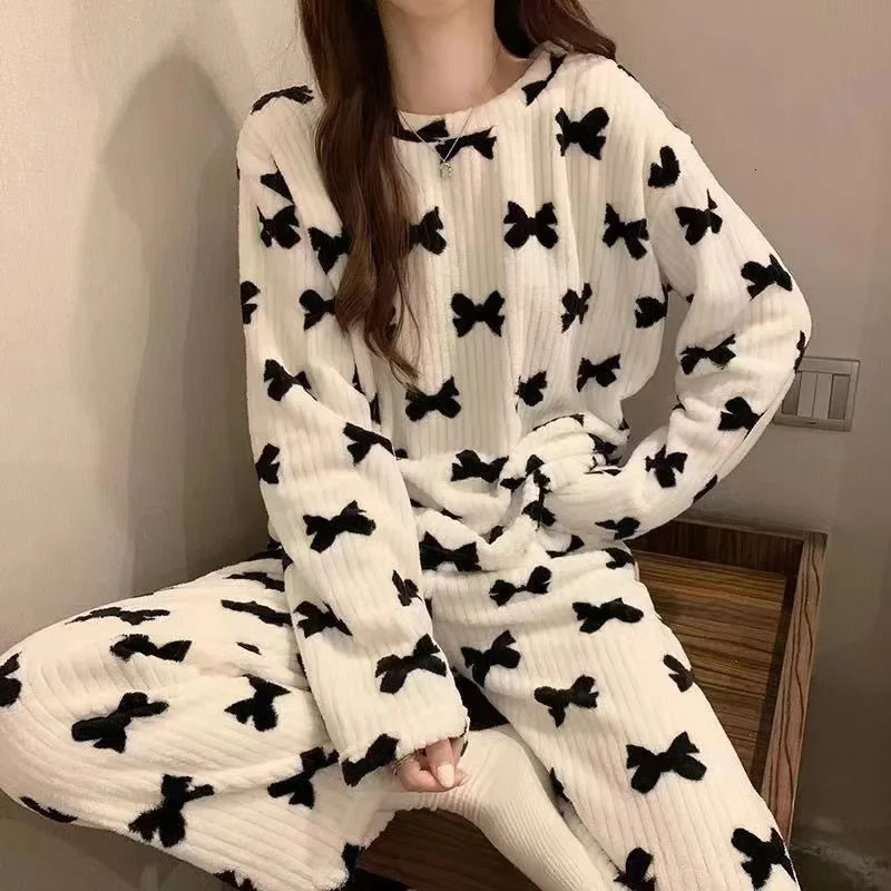Women's Fall and Winter Pajamas Homewear Suit Bow Coral Velvet Pajamas Homewear Women's Outer Loose Thickened Lazy Suit 260923