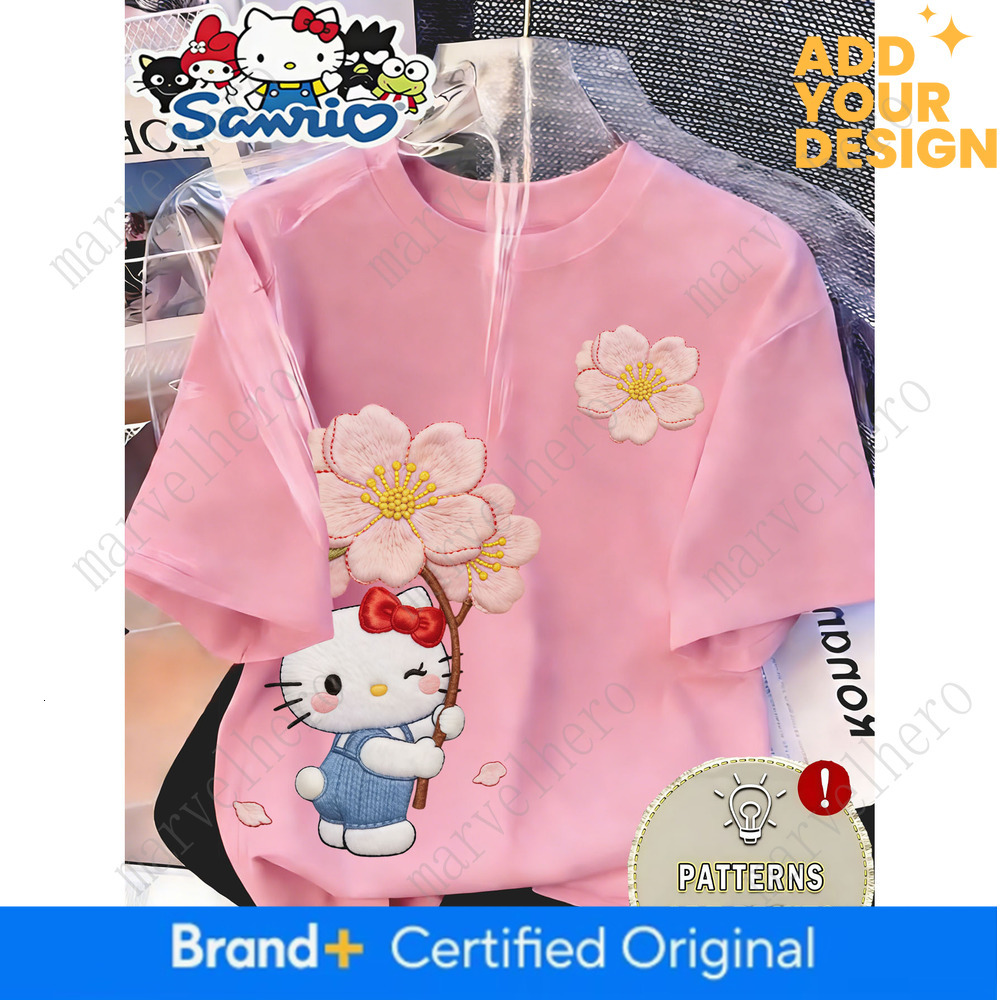 Hello Kitty Holding Cherry Blossoms Printed Pattern Women S Round Neck T Shirt Spring Summer Casual Athletic Machine Washable Comfortable Fit Suitab