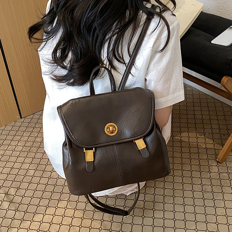 Fashion Women Soft Faux Leather Backpack Flip Cover Vintage Metal Turn Lock Casual Daily Travel Daypack With Top Handle