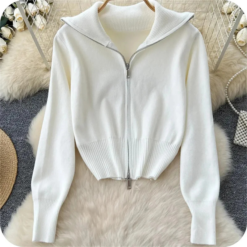 Spring Autumn Women Long Sleeve Sweater Jacket Female Lapel Knitting Coat Korean Lady Fashion Loose Zipper Knitted Cardigan 260923