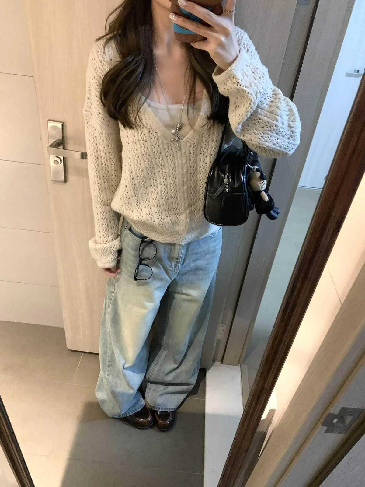 Women's Sweaters Women's V-Neck Long Sleeve Knitted Hollow out Top Vest Two-Piece Set Autumn 2026 New Style Commute Fashion Loose Fit Warm
