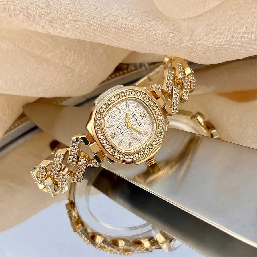 Women's Watches Luxury Square-Round Diamond Dial Diamond Cuban Link Bracelet Gold Watch for WomanT260923