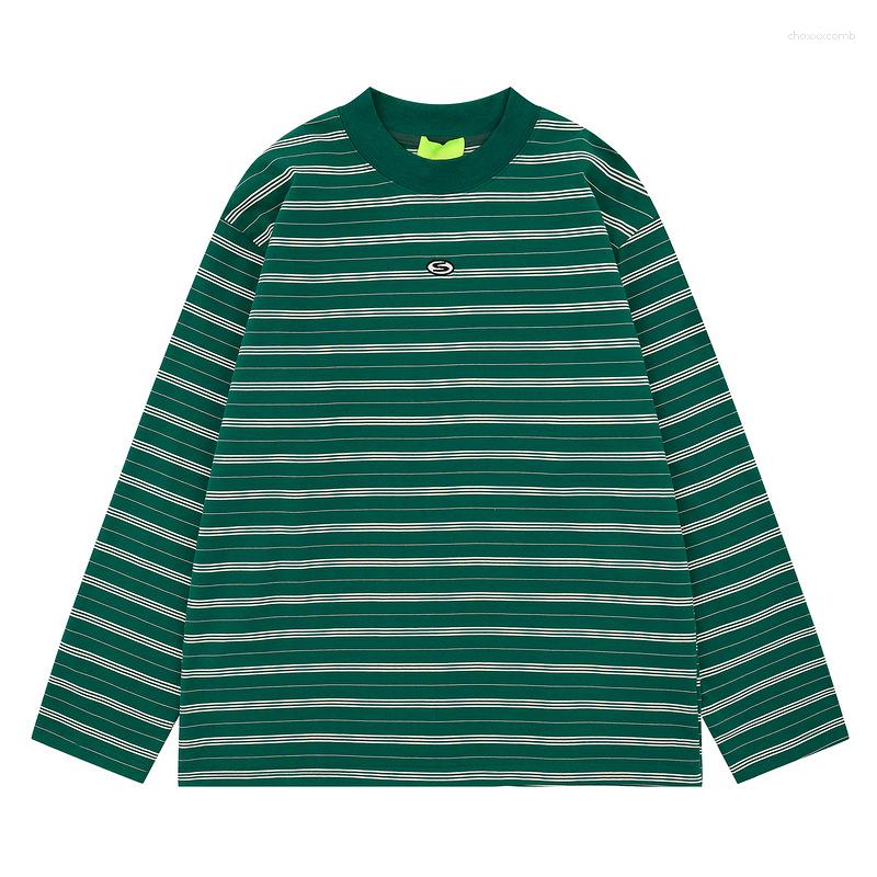 Korean Style Simple And Casual Outfit With Green Contrasting Stripes Retro Loose Long-Sleeved T-Shirt For Men Women Autumn Top