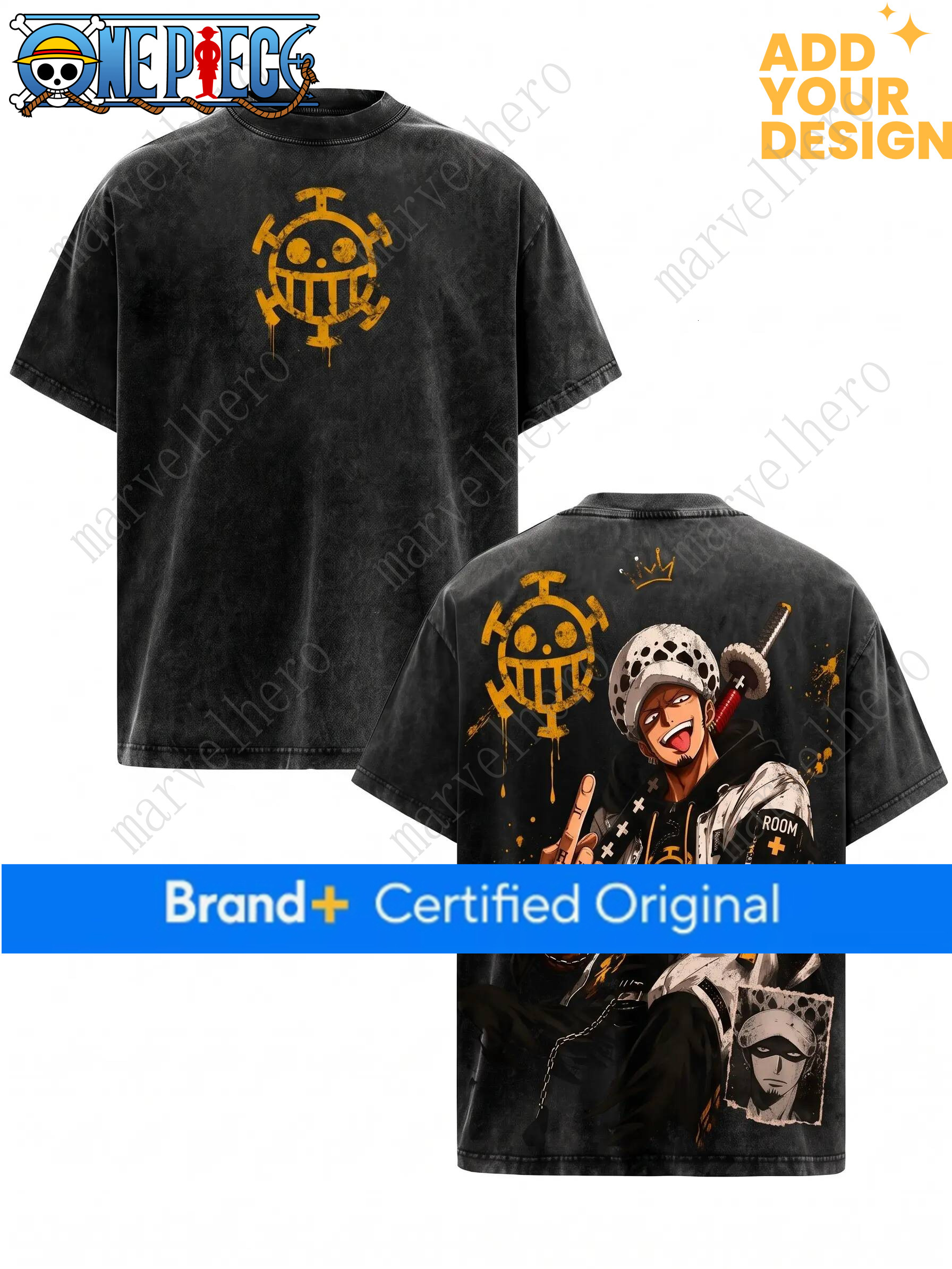 Trafalgar Law 1 Piece Oversized Vintage Washed Short-Sleeve Black T-Shirt, Heart Pirates ROOM Graphic Double-Sided Print, Y2K Retro Streetwear, Anim