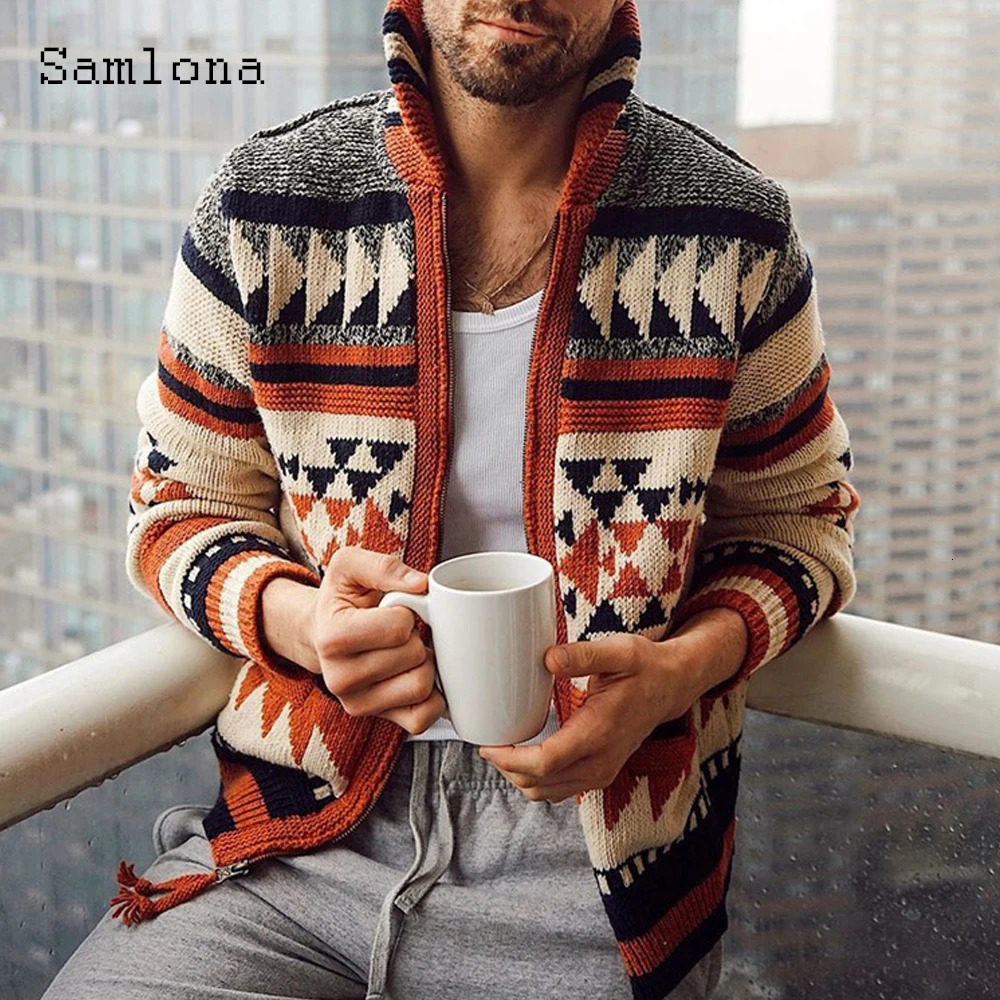 Plus Size 4xl Men Knitting Sweater Autumn Winter Warm Coats Mens Streetwear Hooded Top Cardigans Male Retro Print Sweaters 260918