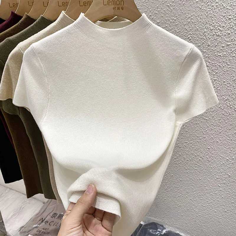Women's Sweaters Knitted Sweater Women Pullovers New Short Sleeve Mock Neck Black Knit Sweater Pullover Women Tops Sweaters Women Clothing Q130