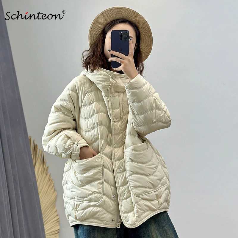 Schinteon Women 90% White Duck Down Jacket Casual Loose Over Size Autumn Winter Light Outwear with Hood Top Quty Coat 2026 M260922